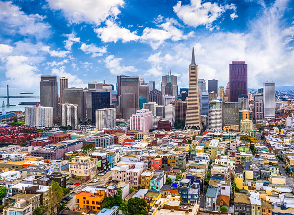 A view of the San Francisco city skyline on a clear, sunny day