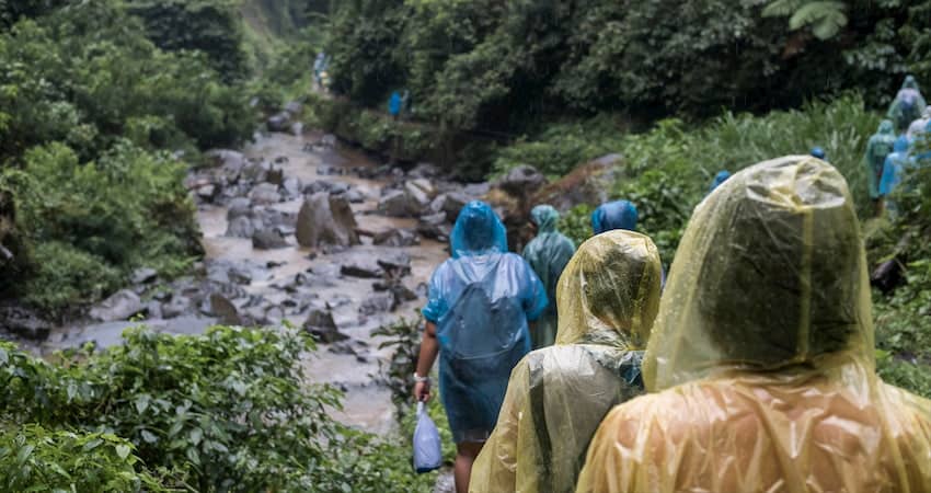 a group of campers wearing ponchos hike in the rain