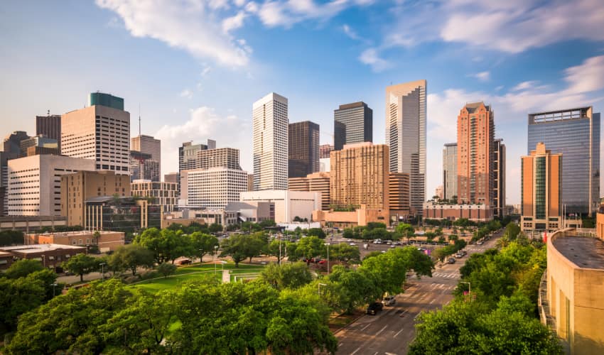 the Houston skyline in sunlight