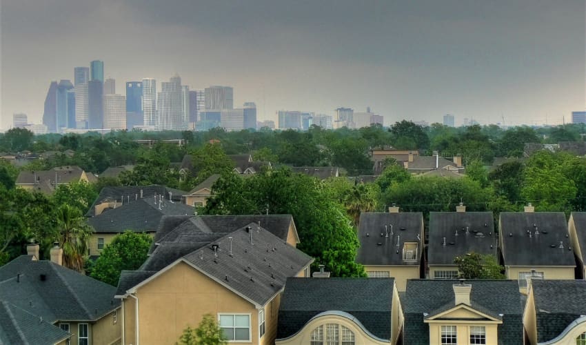 the Houston skyline viewed from the Montrose neighborhood