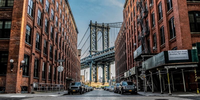 view of the manhattan bridge from dumbo in brooklyn in new york city