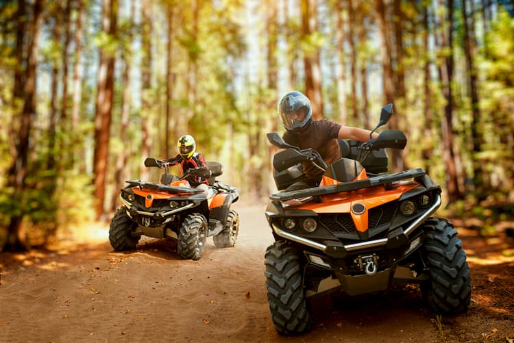 Two atv riders speed race in a forest