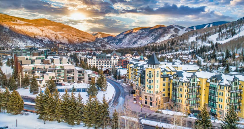 an aerial view of Vail in the sunset