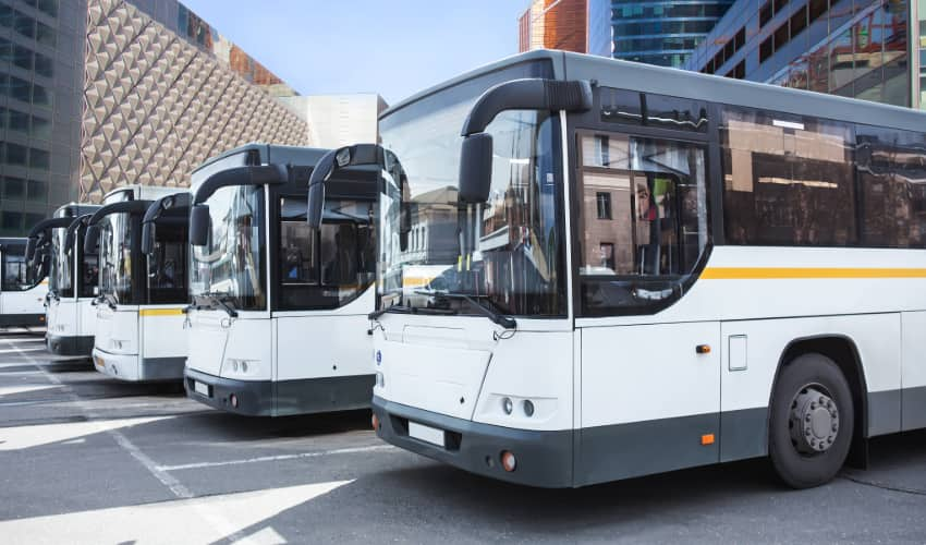 charter buses line up in a parking lot