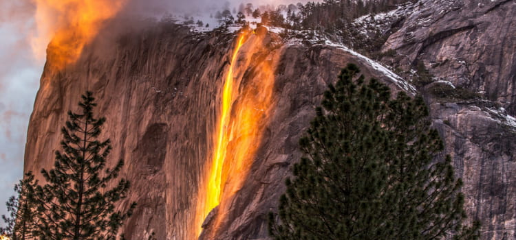 a view of horsetail fall during sunset, when the water looks like fire