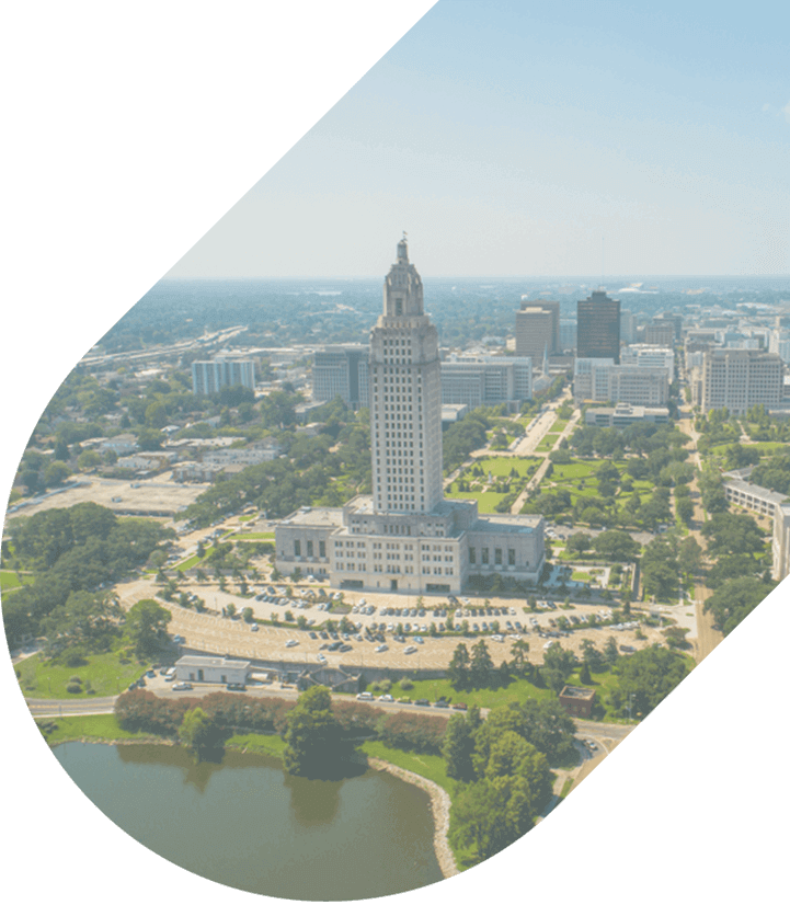 an aerial view of the Louisiana State Capitol 