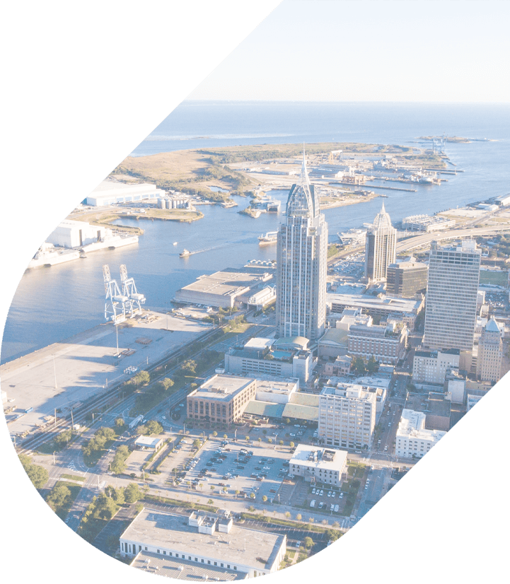 Aerial view of the Mobile ports and downtown