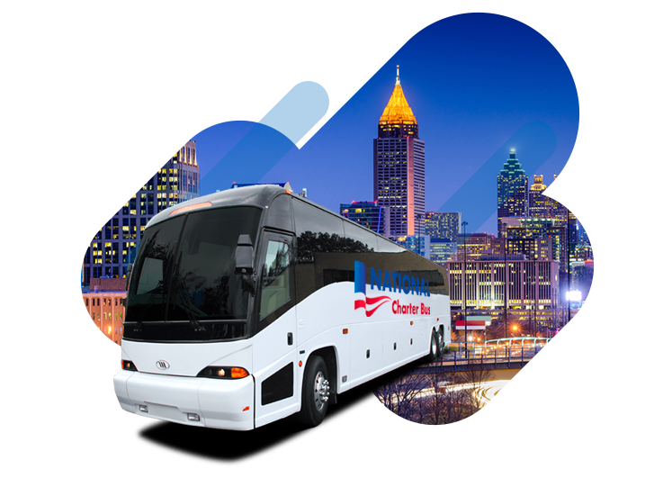 a white charter bus with the "national charter bus" logo over a graphic of the Atlanta skyline 