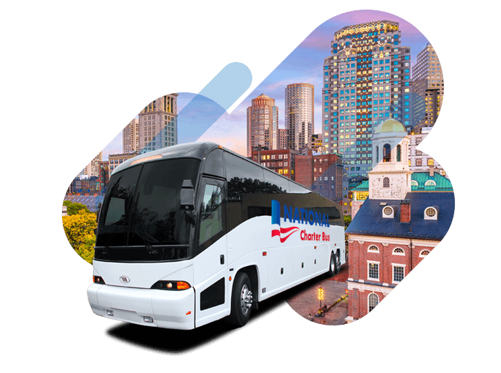 a white charter bus with a 'national charter bus' logo over a graphic of the boston skyline