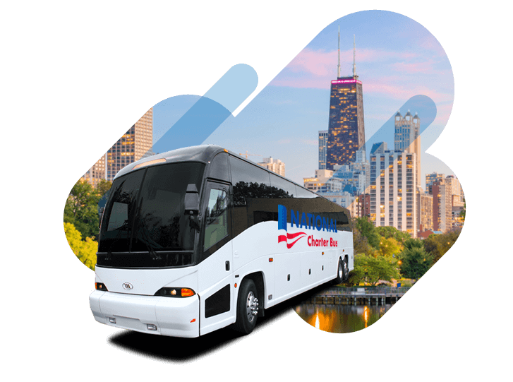 a white charter bus with a 'national charter bus' logo over a graphic of the chicago skyline