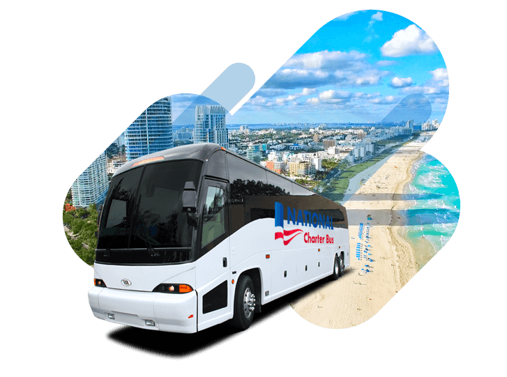 a white charter bus with the 'national charter bus' logo over a graphic of the Miami skyline