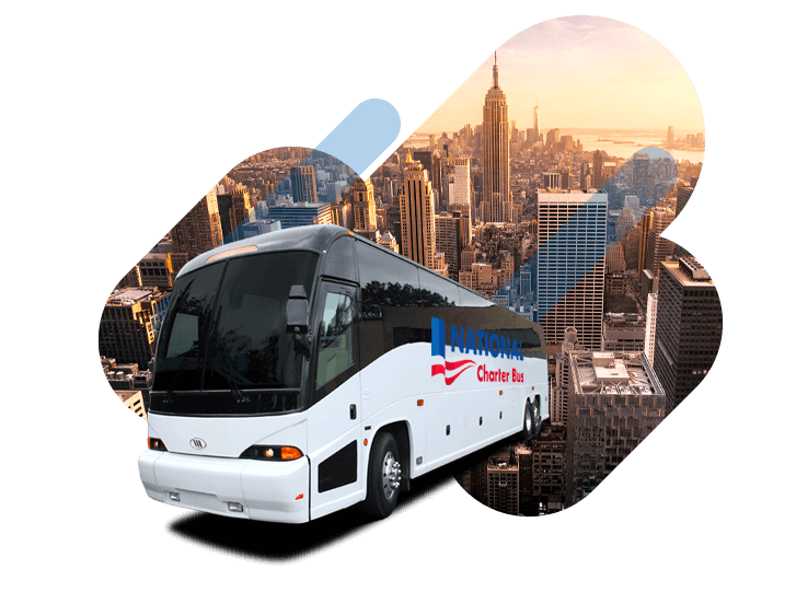 a white charter bus with the 'national charter bus' logo over a graphic of the NYC skyline