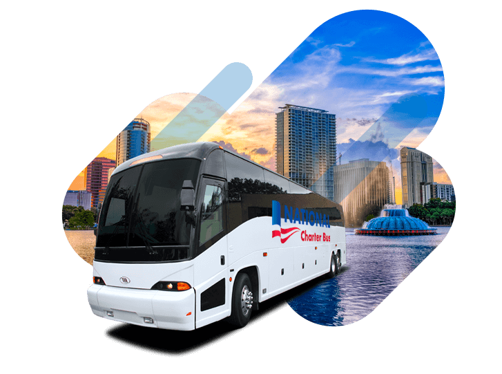 a white charter bus with the 'national charter bus' logo over a graphic of the Orlando skyline