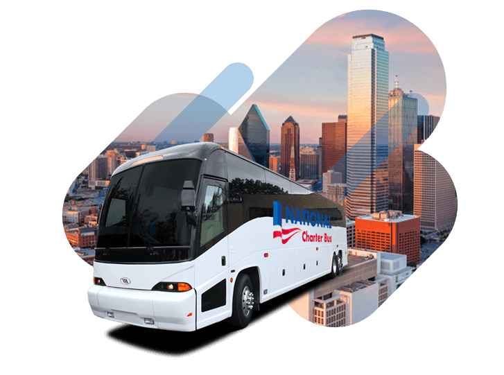 White charter bus with National Charter Bus logo over the Dallas skyline