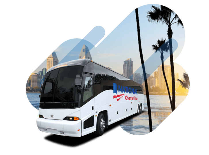 a white charter bus with the "national charter bus" logo over a graphic of the San Diego waterfront skyline 