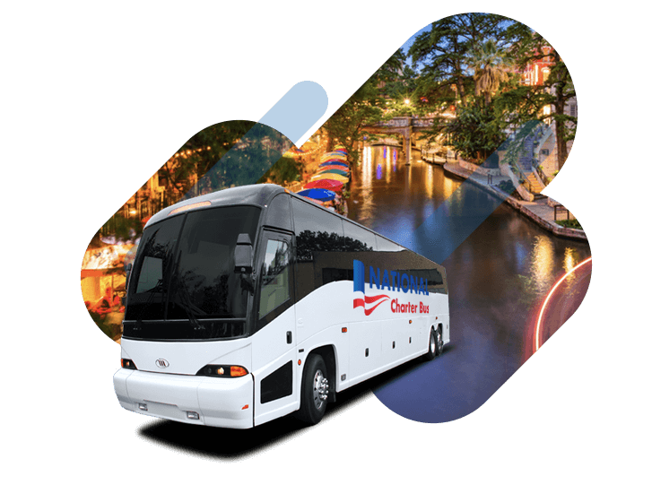 a white charter bus with the "national charter bus" logo over a graphic of the San Antonio riverwalk