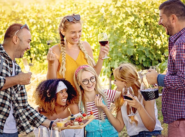 A group of party-goers laugh and drink wine at a vineyard