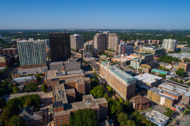 aerial view of evanston buildings with a clear blue sky in the background