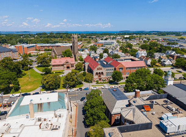 an aerial view of Quincy historic city center 
