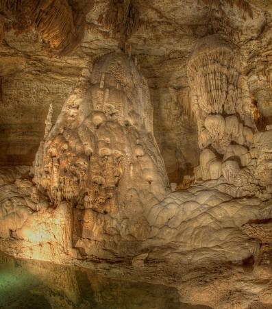 An illuminated cavern ceiling at Natural Bridge Caverns near San Antonio