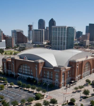 Aerial view of the American Airlines Center in Dallas on a sunny day