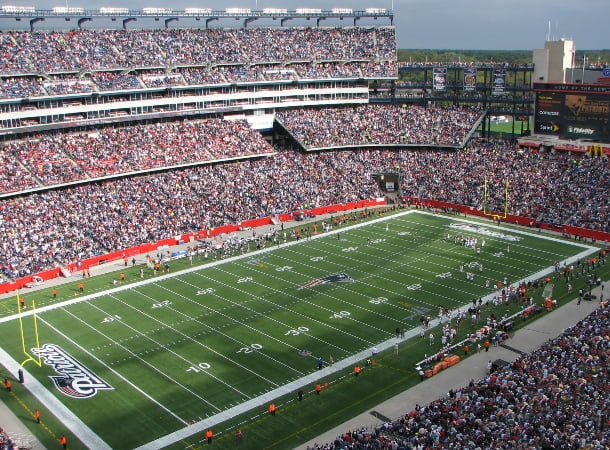 An aerial view of Gillette Stadium with the stands packed