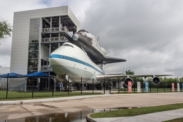 A NASA space shuttle seen from the parking lot of Space Center Houston