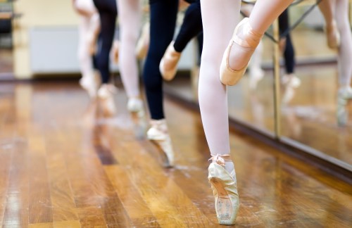 juilliard ballerinas balance on their toes in front a mirror
