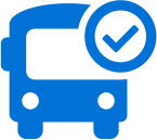 a blue bus icon with a check mark on it