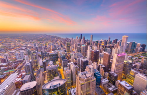 Aerial view of the Chicago cit skyline at sunset