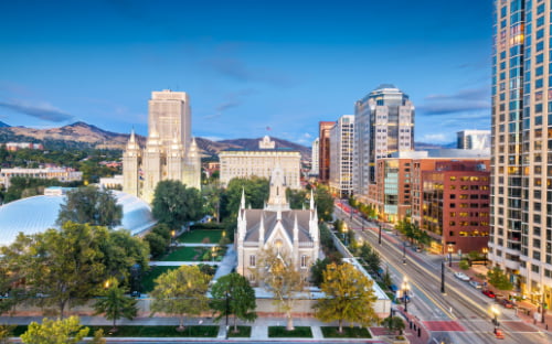 an aerial view of Temple Square