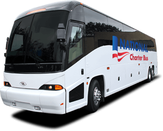 a white charter bus with black windows and a national charter us logo