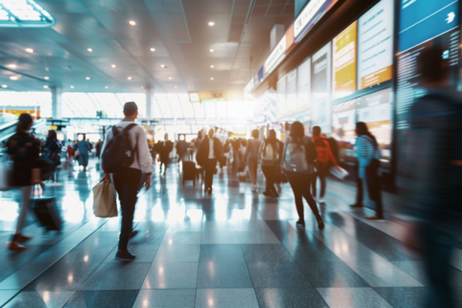 airport guests shuffle through a large area with screens