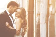 A couple taking wedding photos